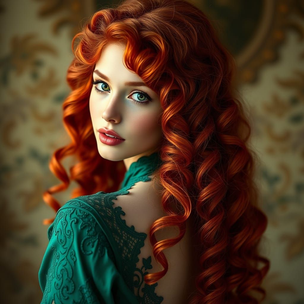 Ethereal Red Haired Beauty in Emerald Dress