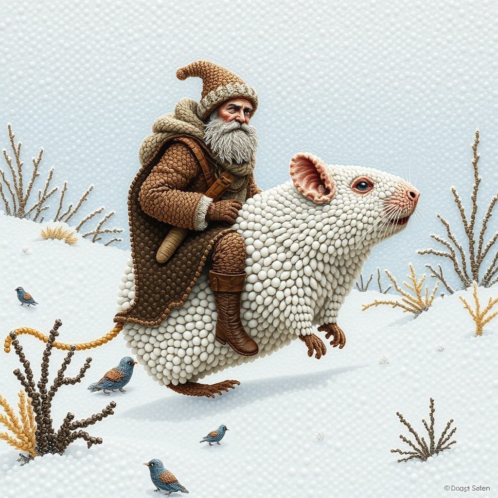 Beadwork Traveler Rides Woolly Mouse in Winter