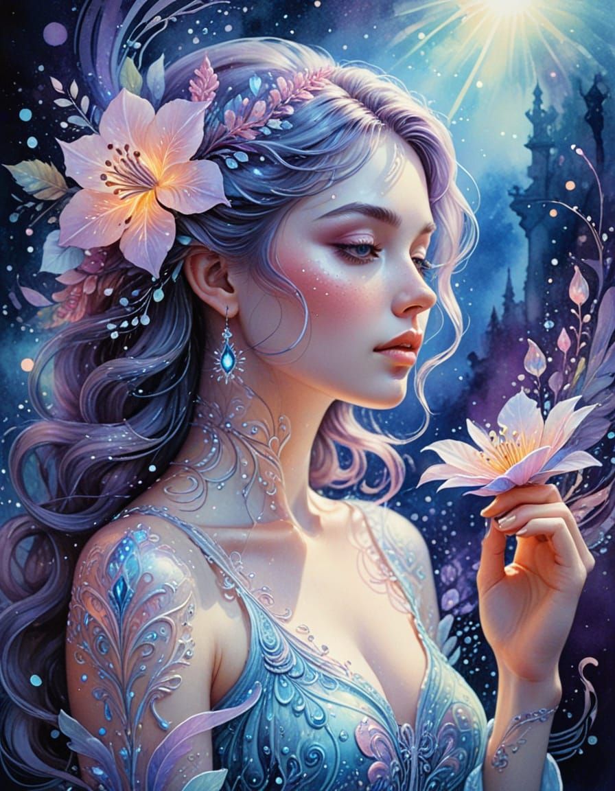 Woman with Magic Flower in Pastel Watercolor Fantasy