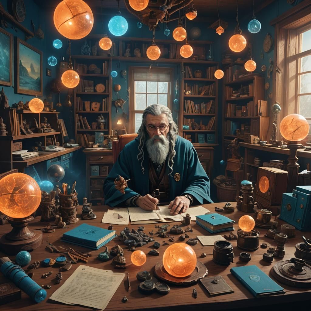 Magical Wizard Office with Orbs and Carvings