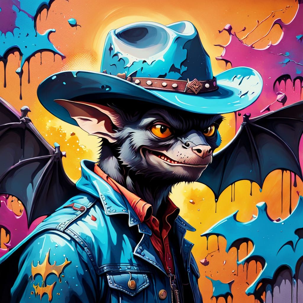 This image shows a cute, cartoon-style bat with large eyes wearing a tiny cowboy hat. The CGI rendering gives the bat a ...