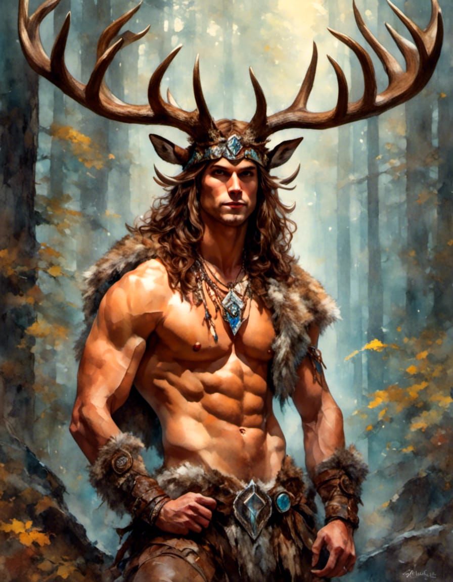 Horned Forest God Portrait in Gouache and Watercolor