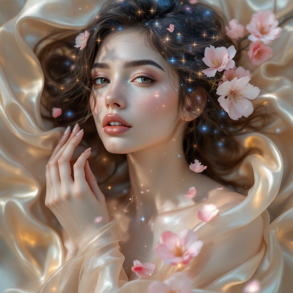 Ethereal Goddess in Celestial Silk with Starlight Hair and R...
