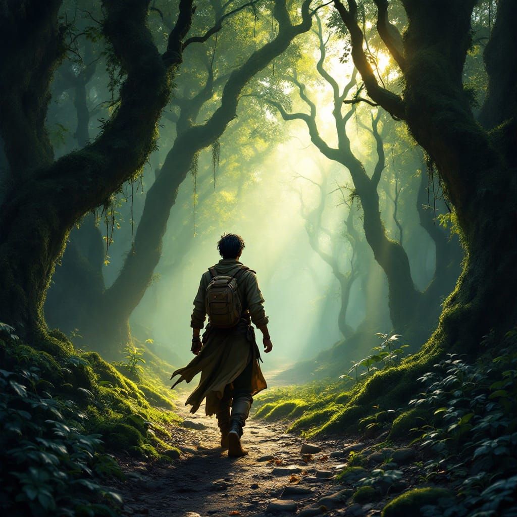 Adventurer Chooses Path in Sun-Dappled Forest