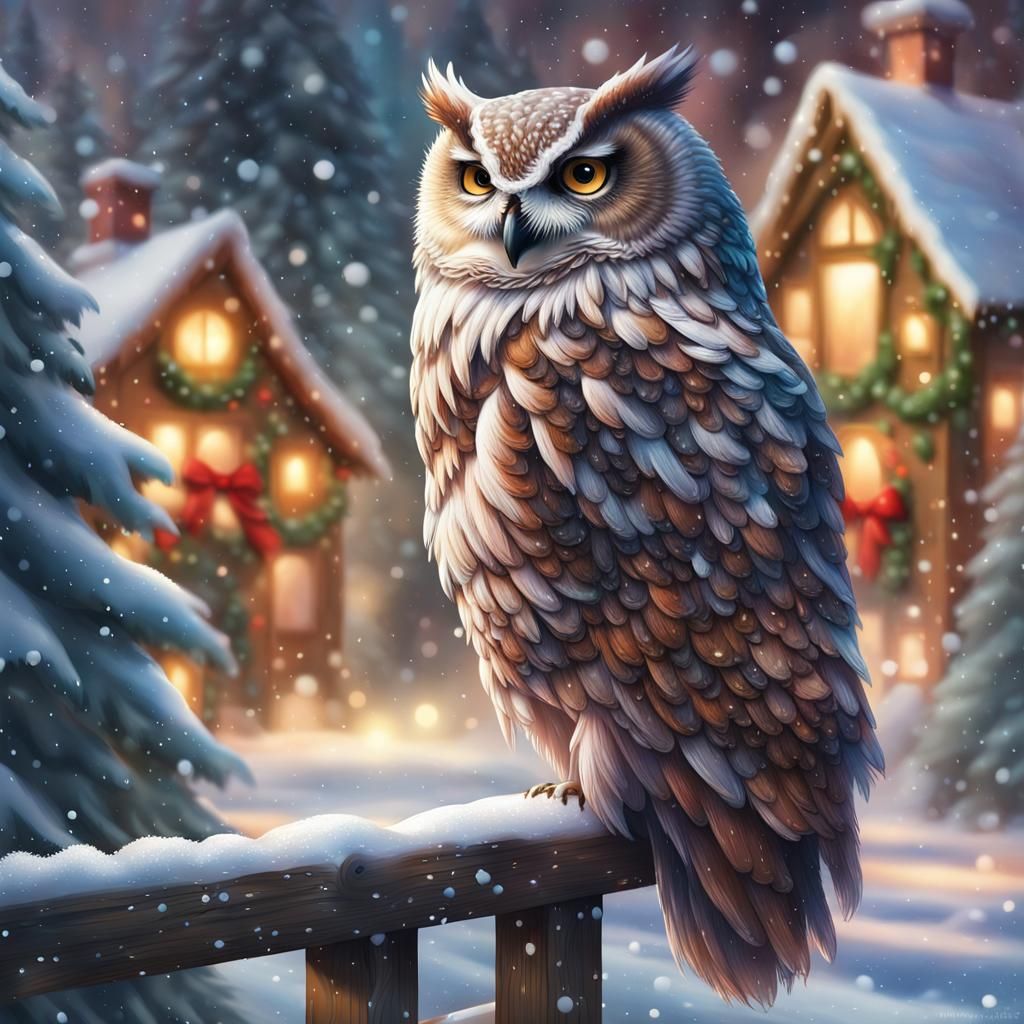 Hyperrealistic Owl Near Christmas Village in Snow