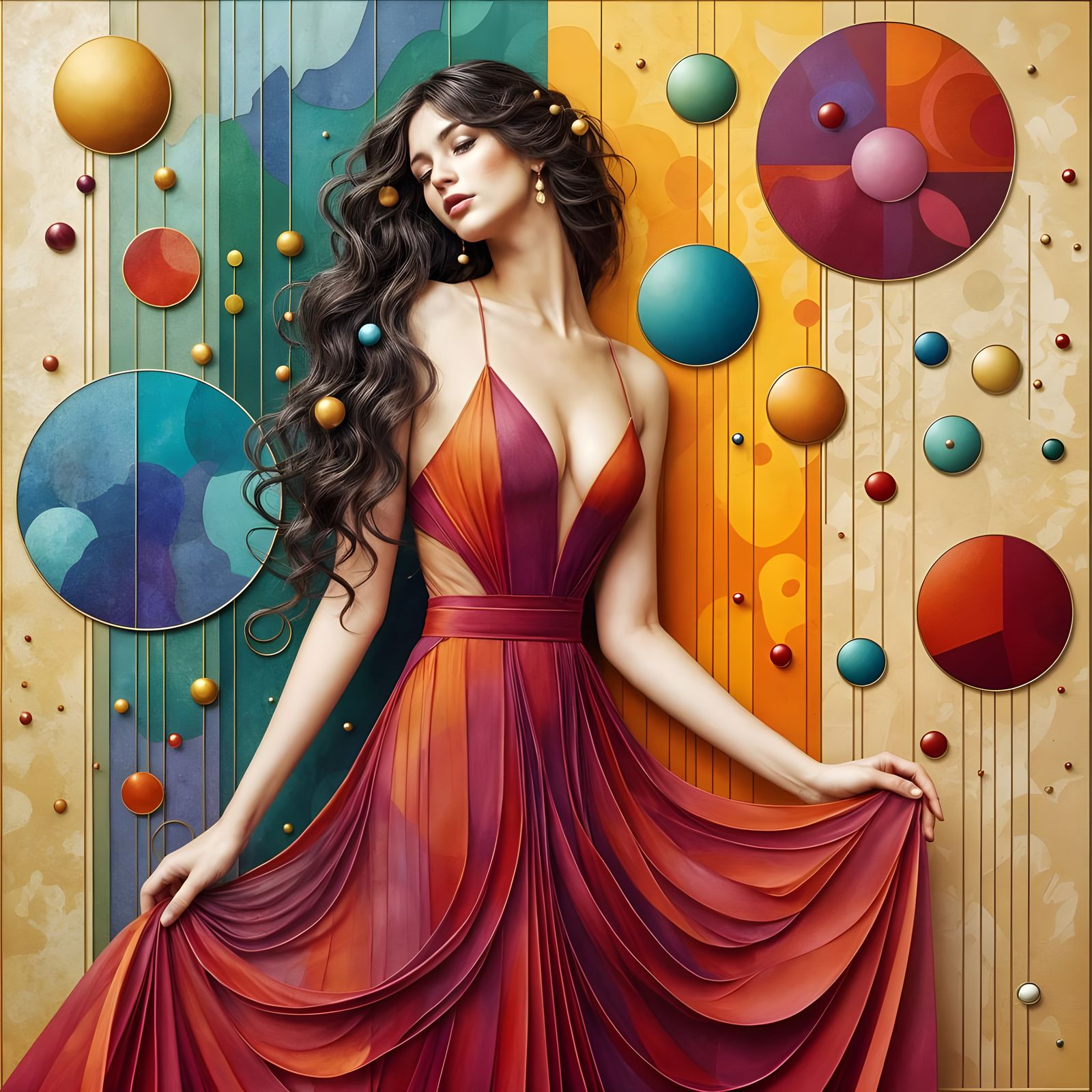 Woman in Red Dress in Abstract Erte Style