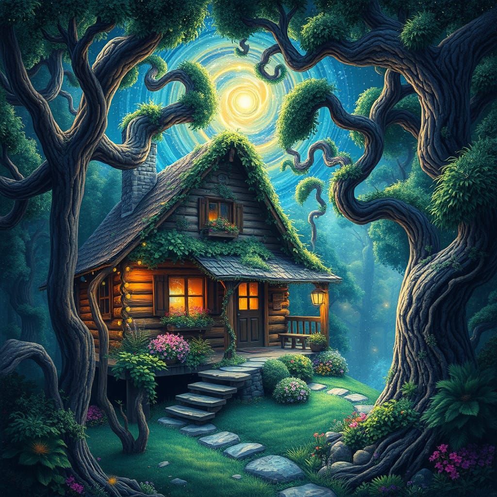 Enchanted Woodland Cottage in Vibrant, Iridescent Aura