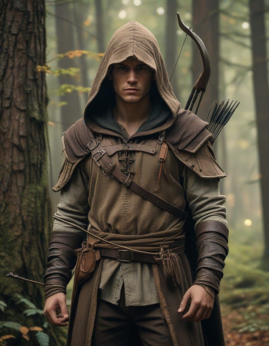 Medieval Hunter in Autumn Forest at Sunset