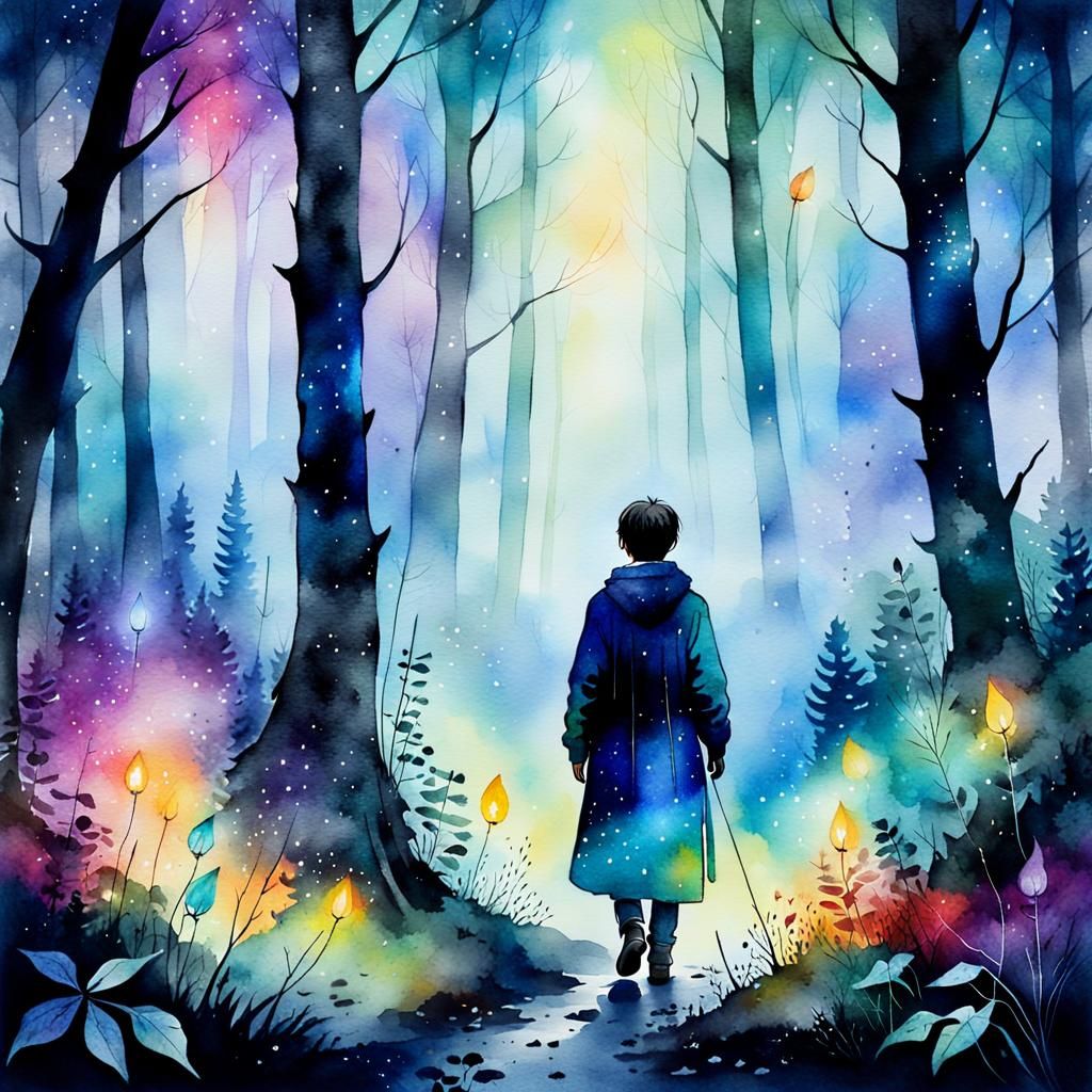 Ethereal Figure in Misty Forest: Watercolor Painting