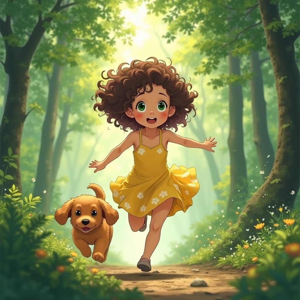 Little Girl Running in Whimsical Forest with Golden Retrieve...
