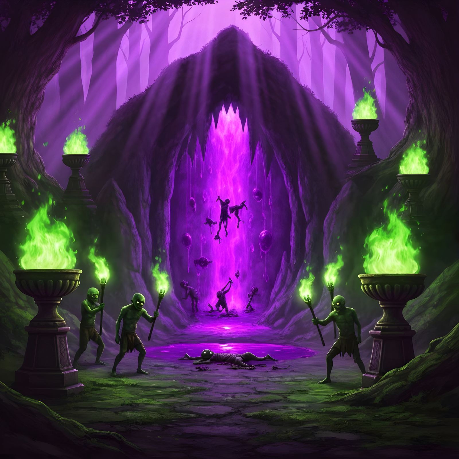 Forbidden Purple Magic Emanates From Cave, Lighting Trees
