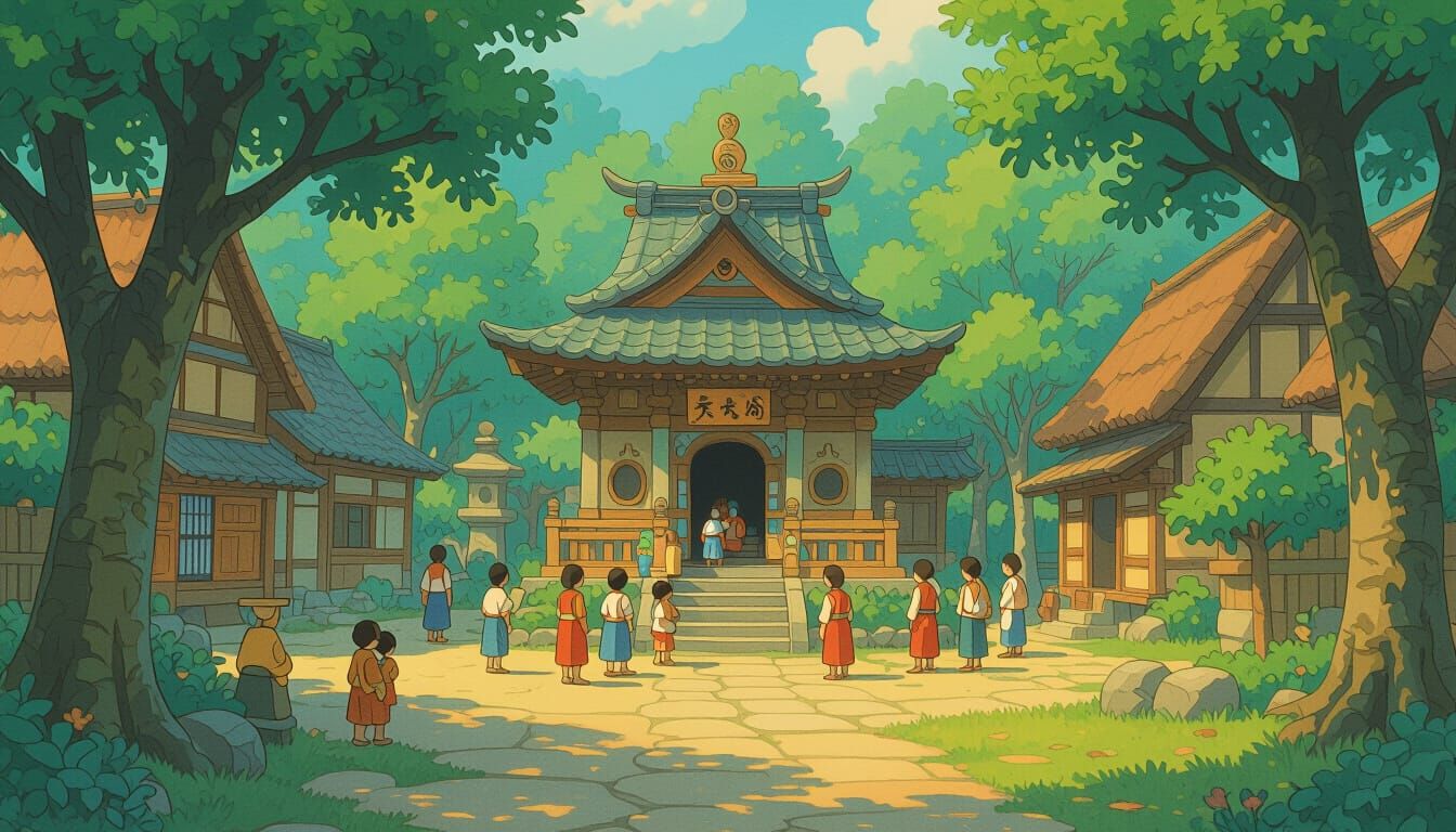 Idyllic Village Temple Scene in Whimsical Style