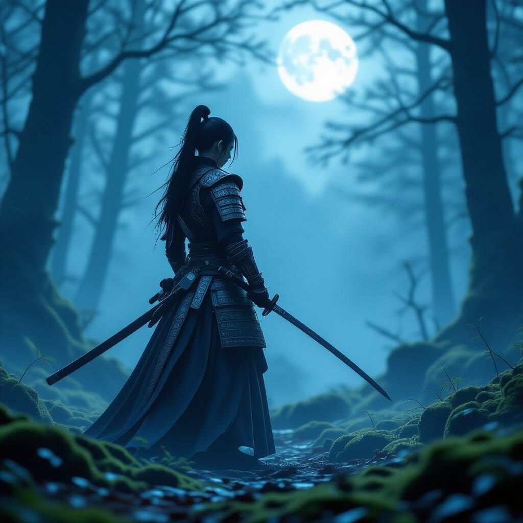 Lone Samurai in Misty Forest Moonlight