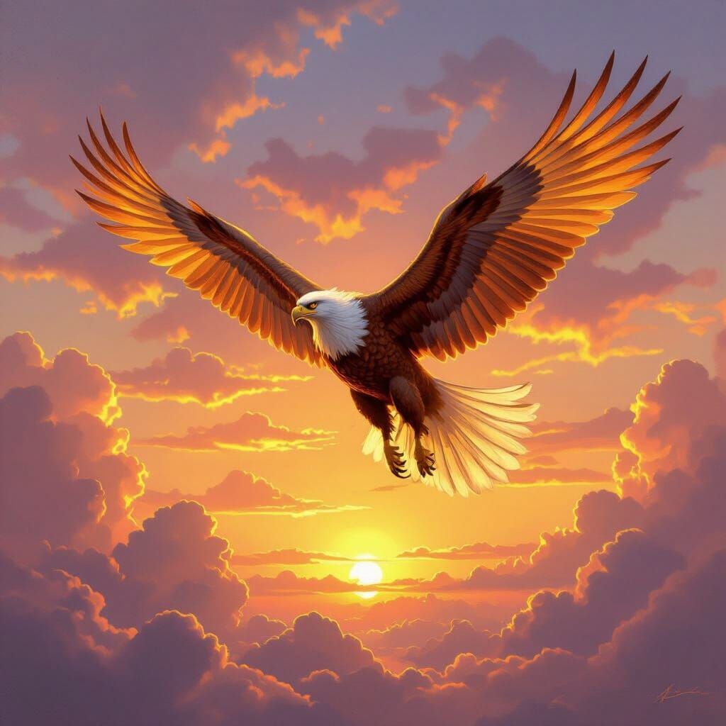 Griffin Soaring at Sunset in Romantic Style