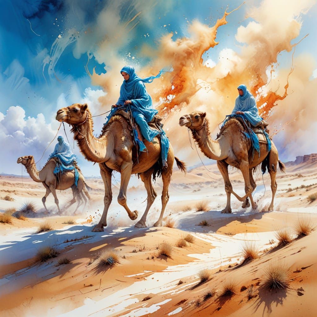 Camels in Golden Desert Landscape, Stylised Watercolour