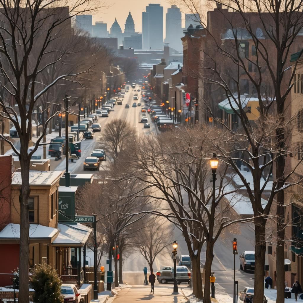 A Midwest downtown scene on a late afternoon, chilly winter's day in the style of Claude Monet