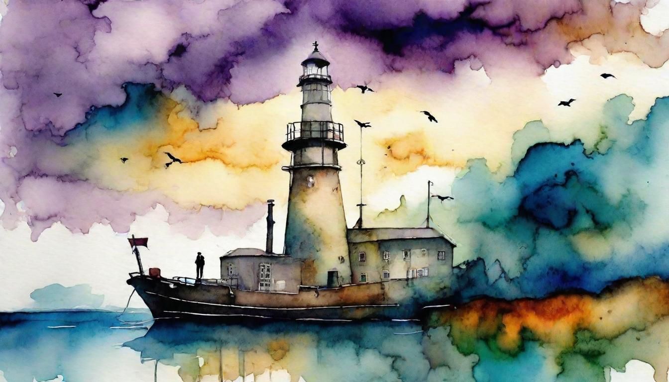 Ghost Ship by Lighthouse in Moonlight, Watercolor Painting