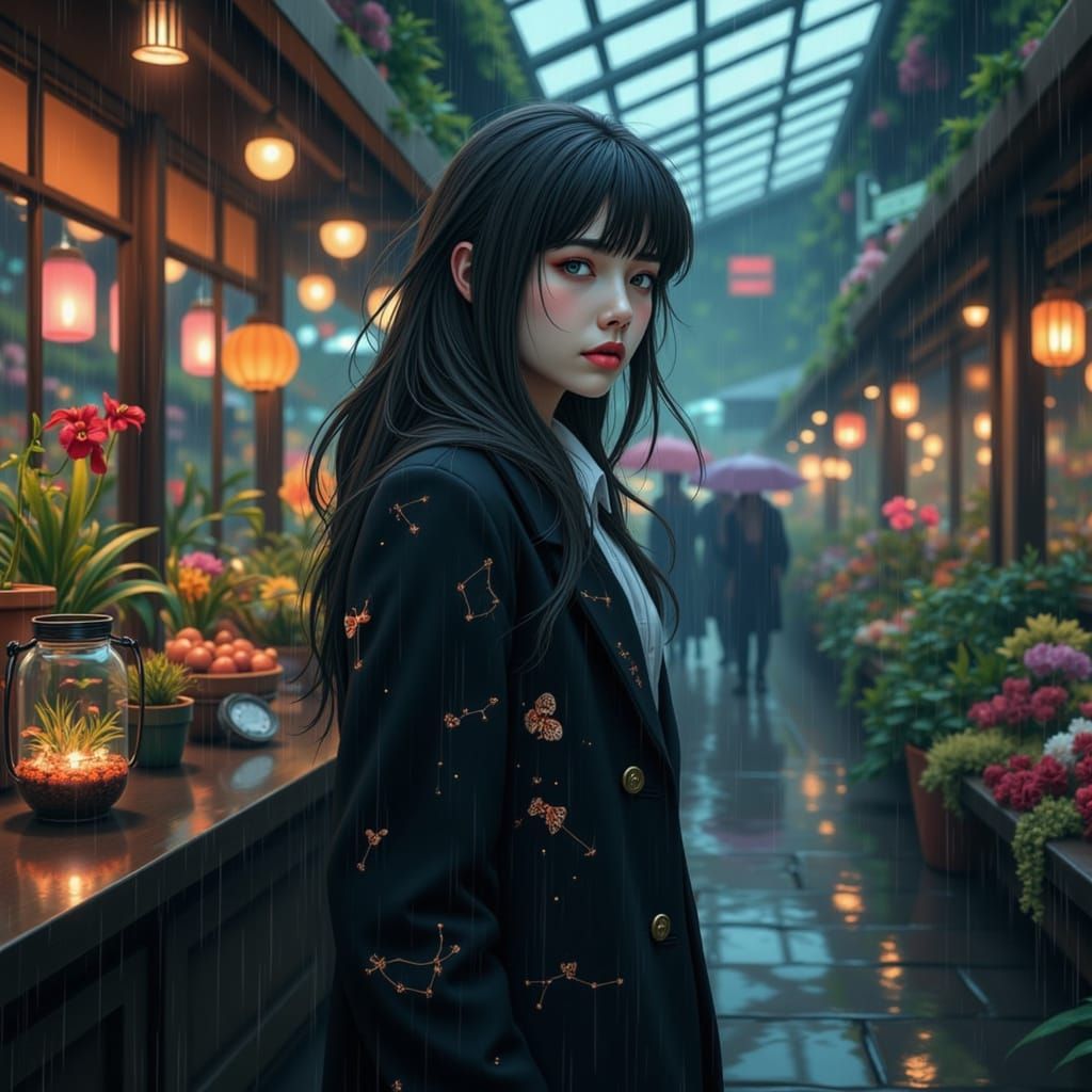 Mysterious Woman in Cosmic Greenhouse Bazaar