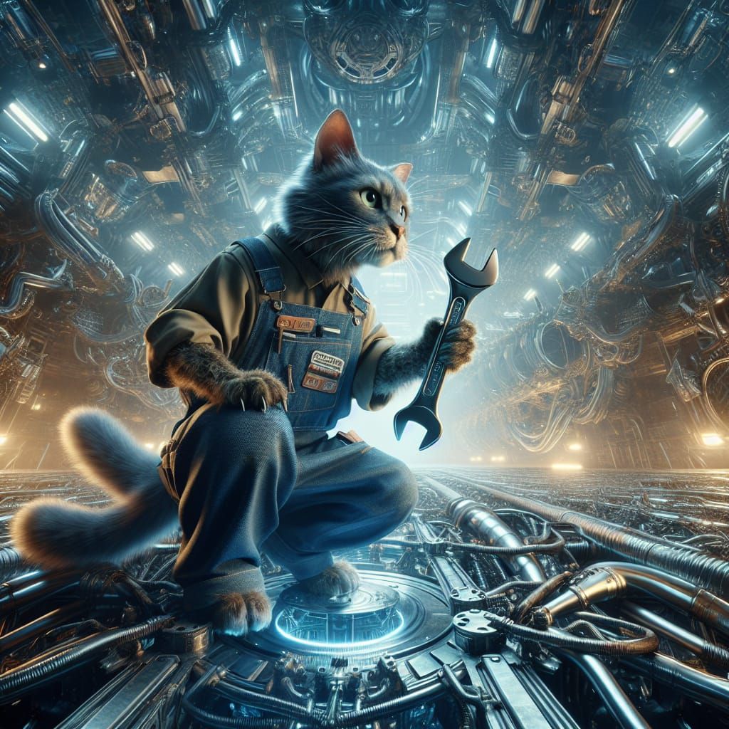 Futuristic Cat Mechanic Working on Engine
