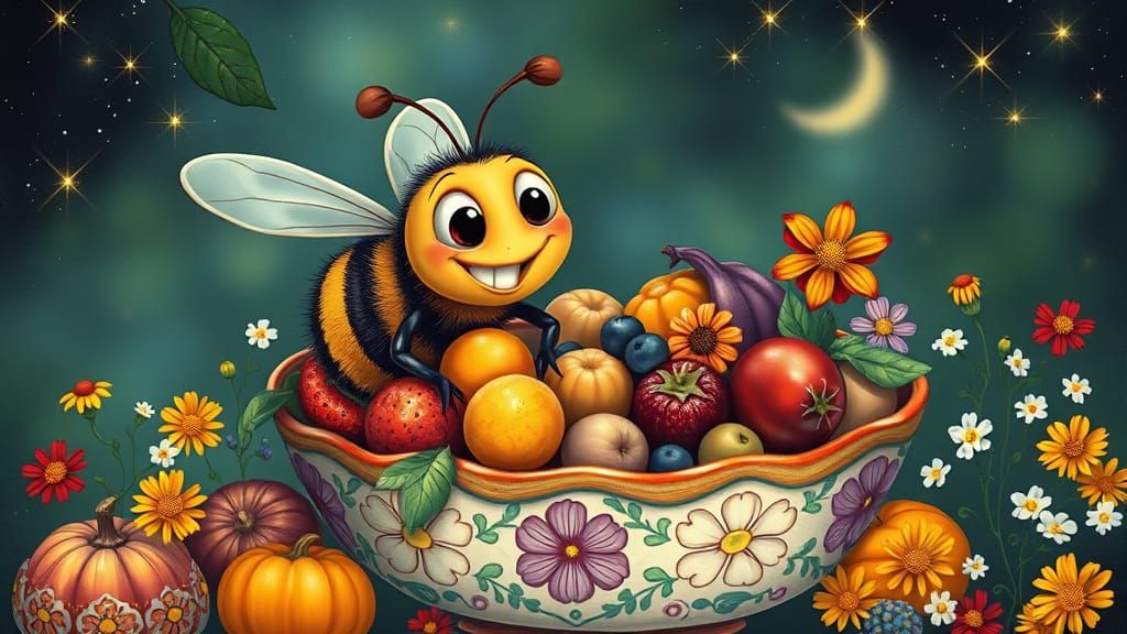 Cartoon Bumblebee with Fruit, Flowers, and Starry Sky