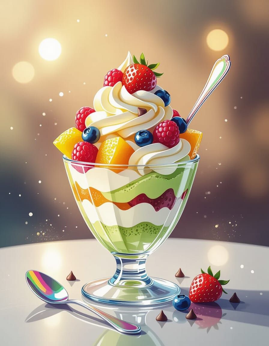 Matcha Parfait in Watercolor Splash Art Style