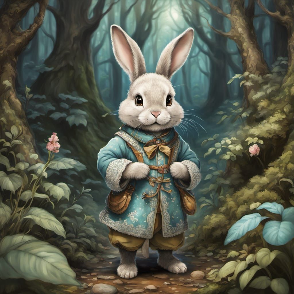 Bunny in Mystical Forest: Dreamy Watercolor Digital Art