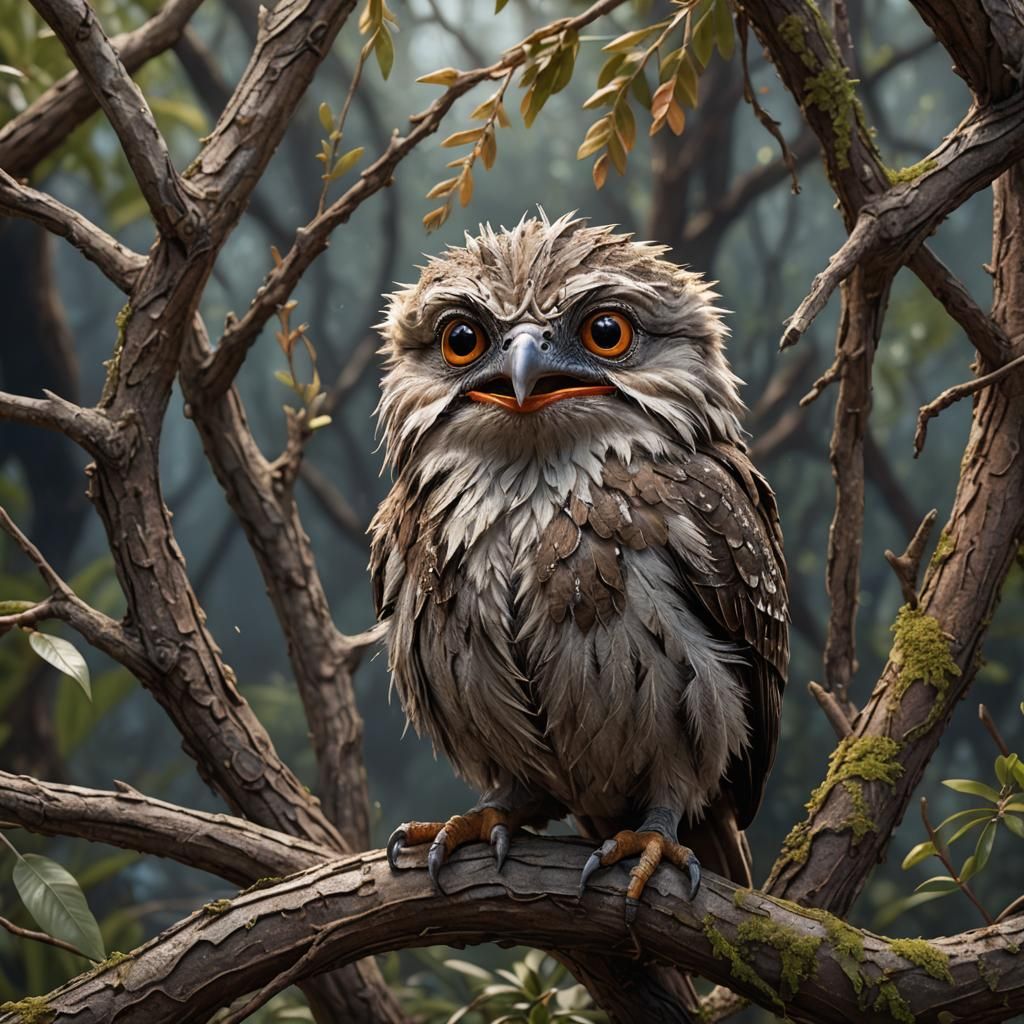 Adorable Baby Tawny Frogmouth in Detailed Matte Painting