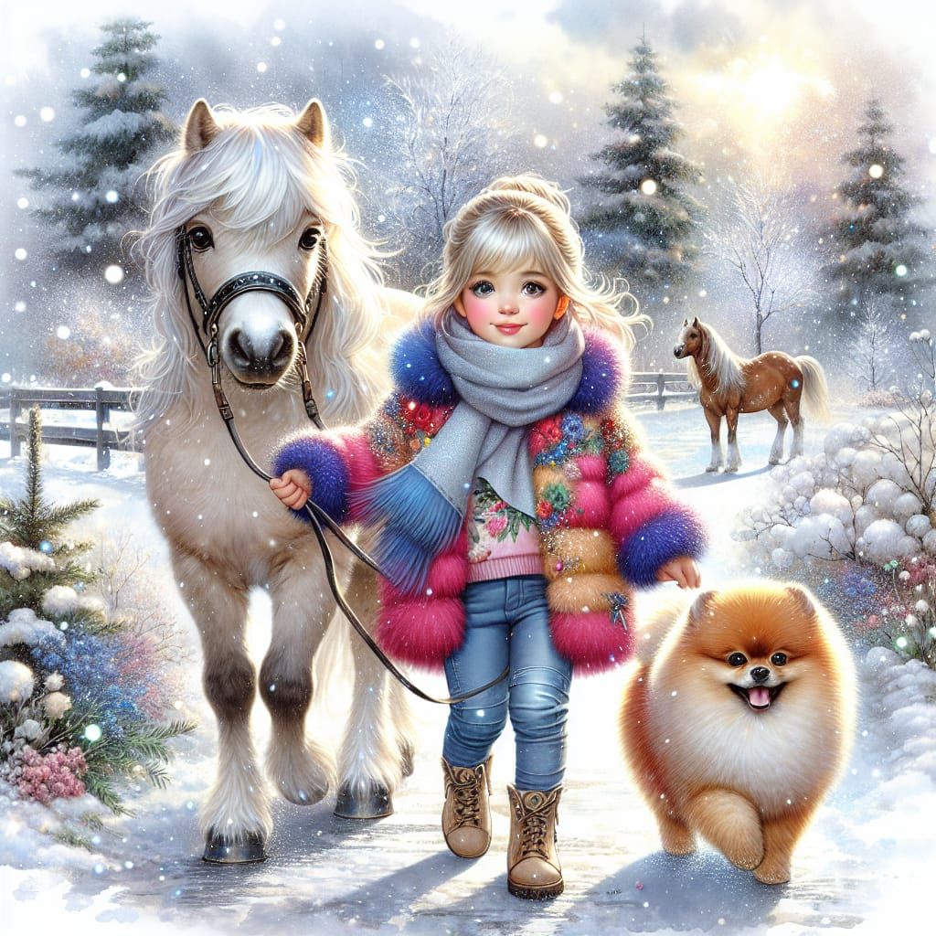 Magical Winter Morning with Adorable Girl and Pony
