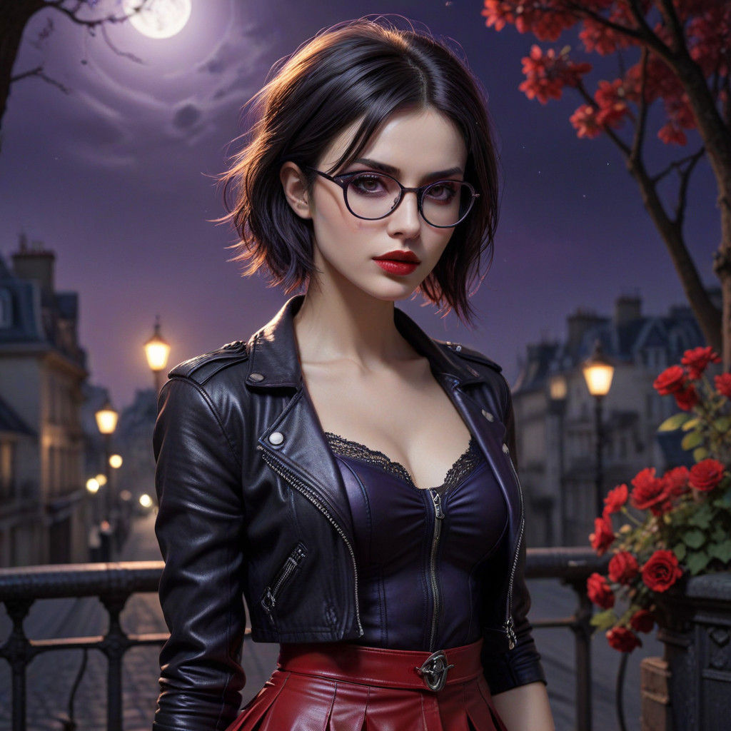 Elegant Gothic French Girl in Paris at Moonlight