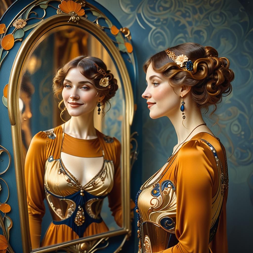 Elegant Woman in Art Nouveau Style, Admiring Her Reflection