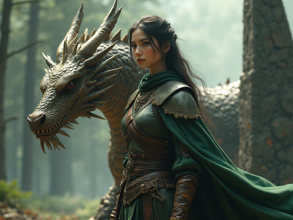 Fantasy Warrior Beside Ancient Dragon in Pine Forest