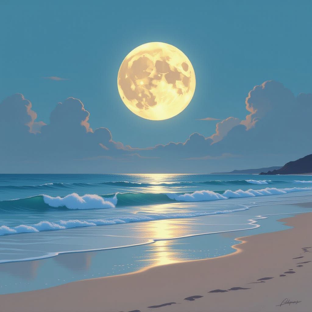 Dreamy Beach Scene Under a Soft Moon Glow