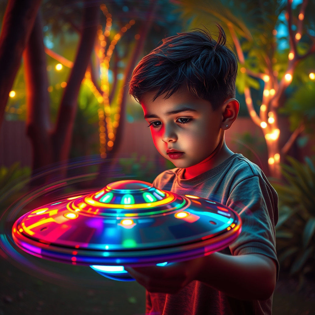 Boy and Gleaming UFO Toy in Neon Backyard