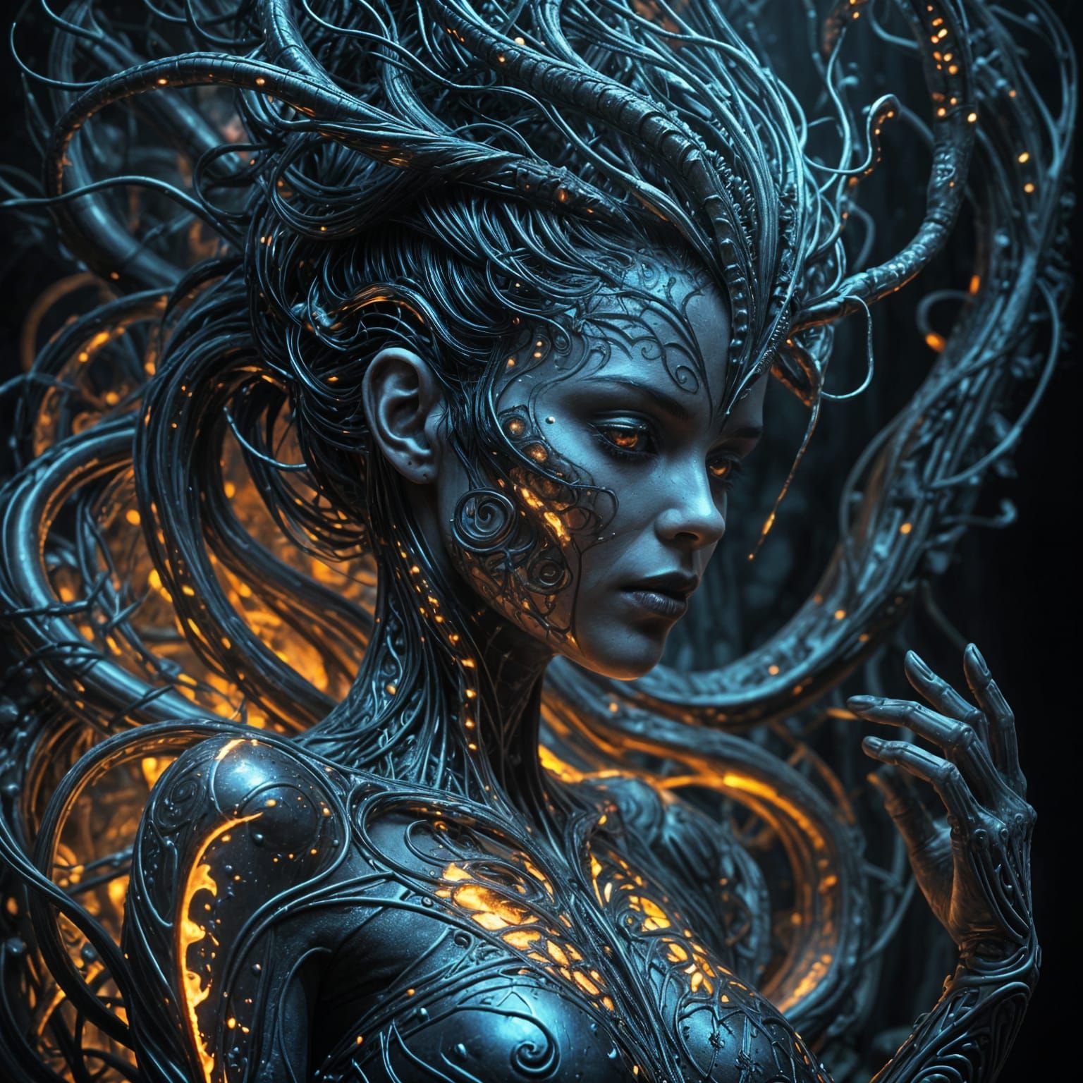 Biomechanical Goddess in Dark Surrealist Oil Painting
