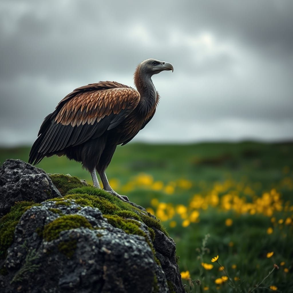 Vulture on Mossy Boulder with Overcast Sky