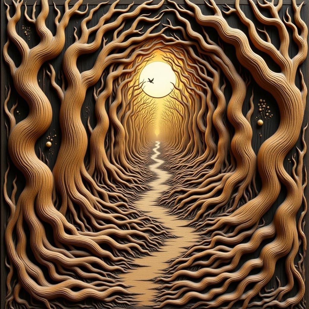 Surreal Woodcut Fantasy Scene with Whimsical Details