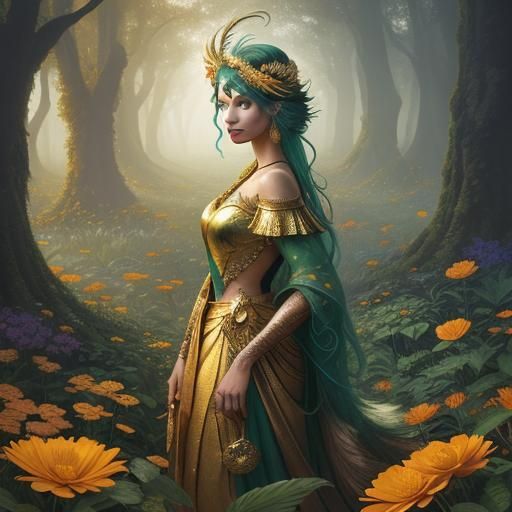 Golden Woman in Fantasy Garden, Digital Matte Painting