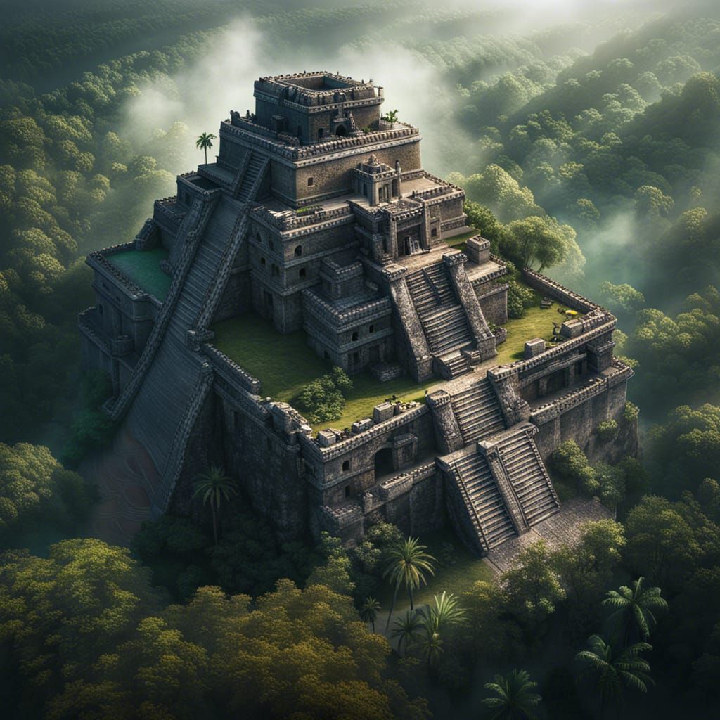Aerial Aztec Castle in Jungle, Hyperrealistic Splash Art