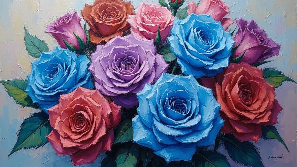 Vibrant Roses Bouquet in Expressionist Impasto Style