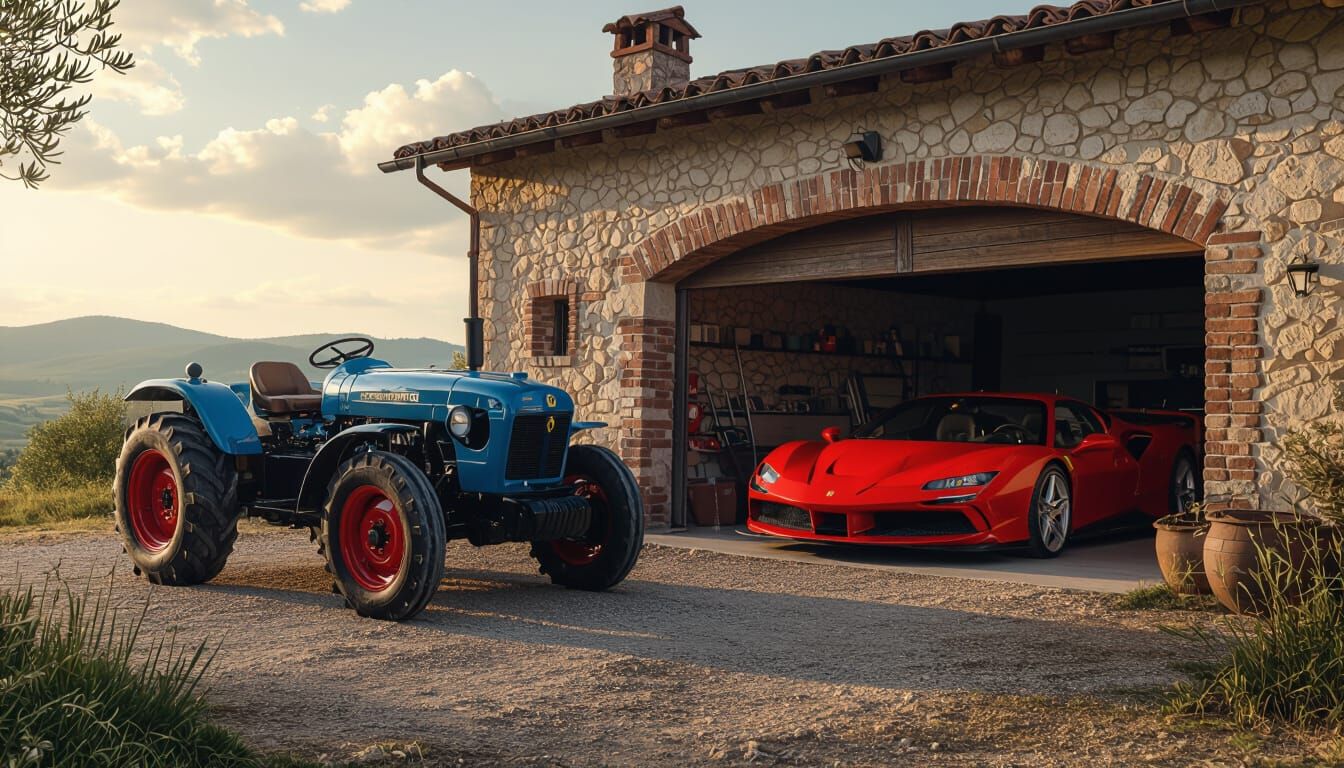 Tuscan Farmhouse Sunset with Tractor and Ferrari