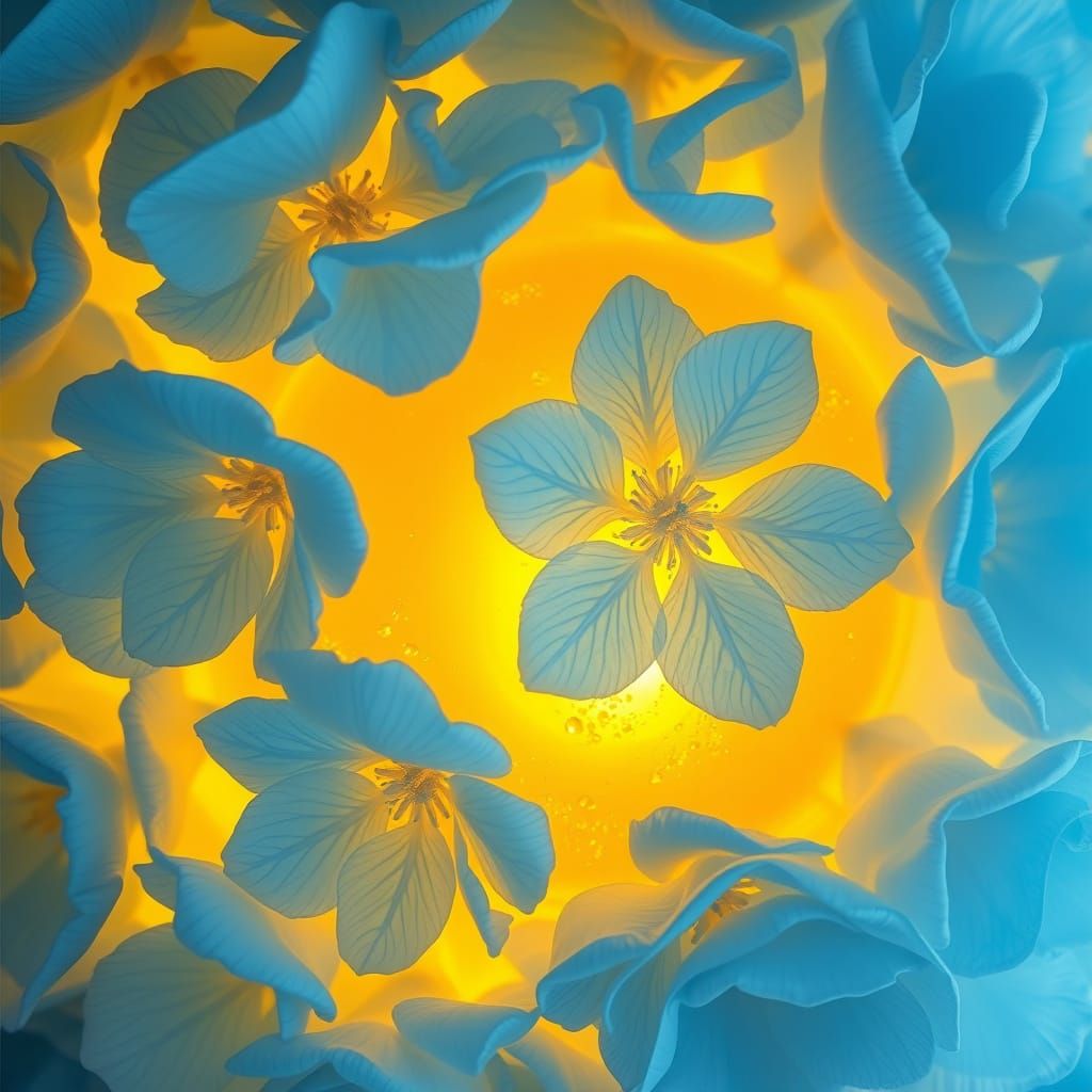 Ethereal Golden Elixir with Azure Flowers as Impressionist P...