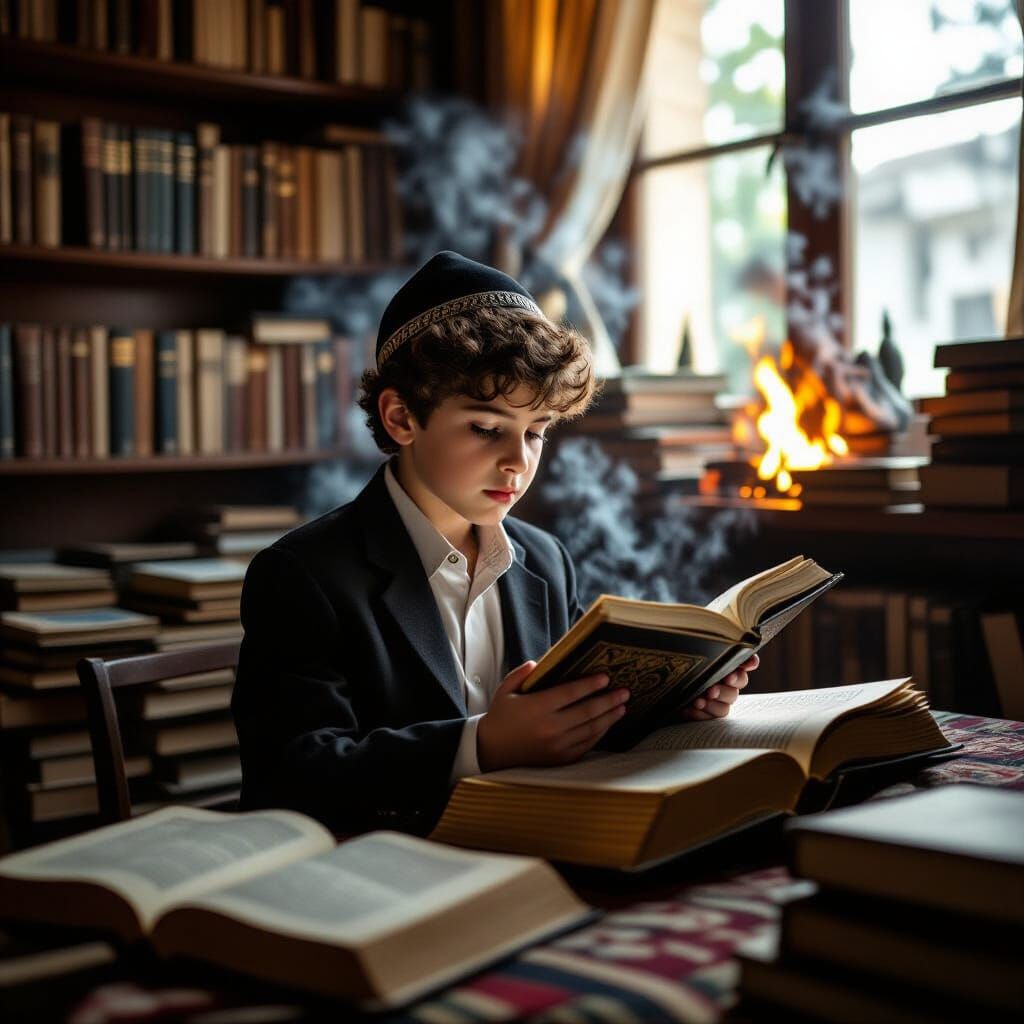Dramatic Image of Jewish Boy Studying During Conflict