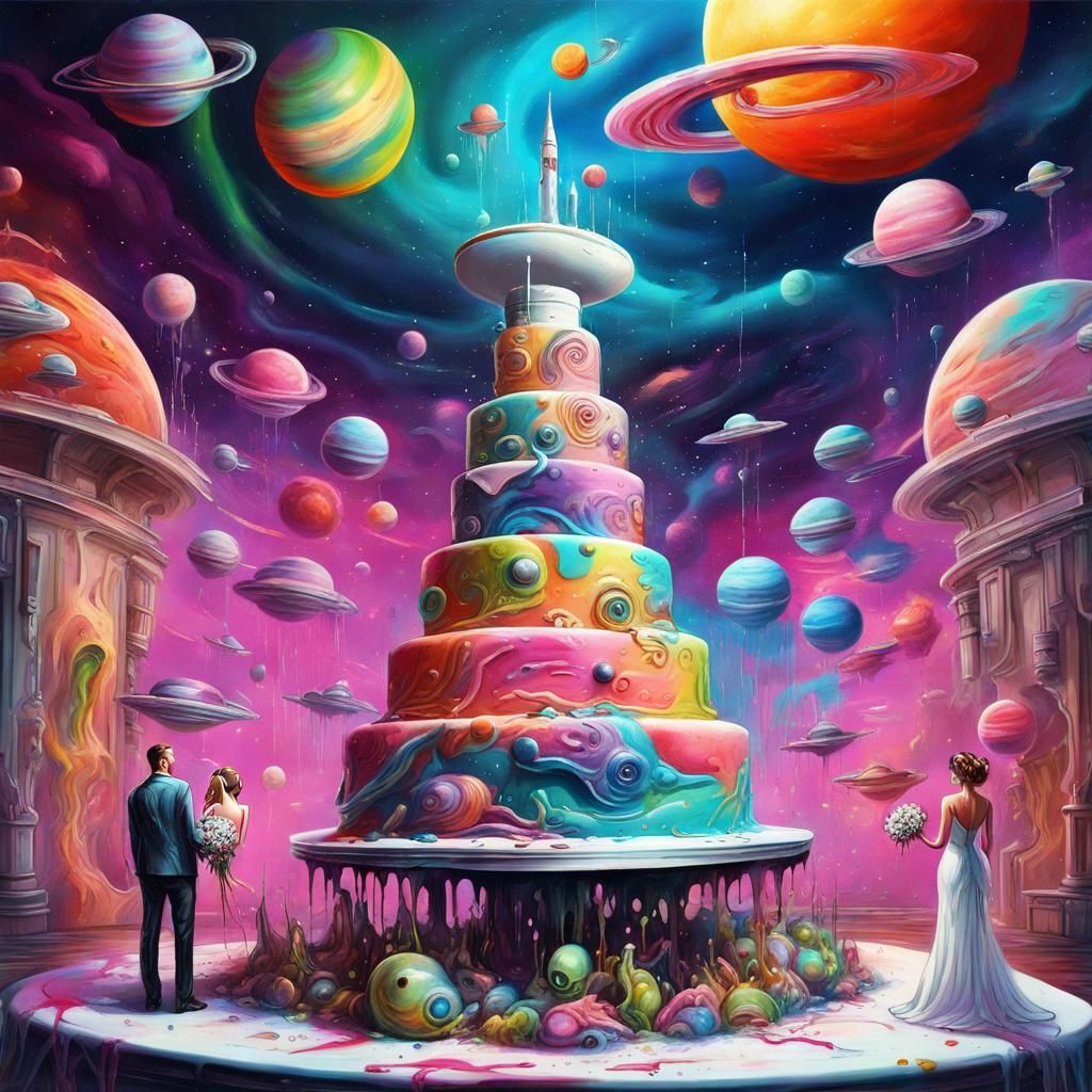 Extraterrestrial Wedding Cake in Graffiti Art Style