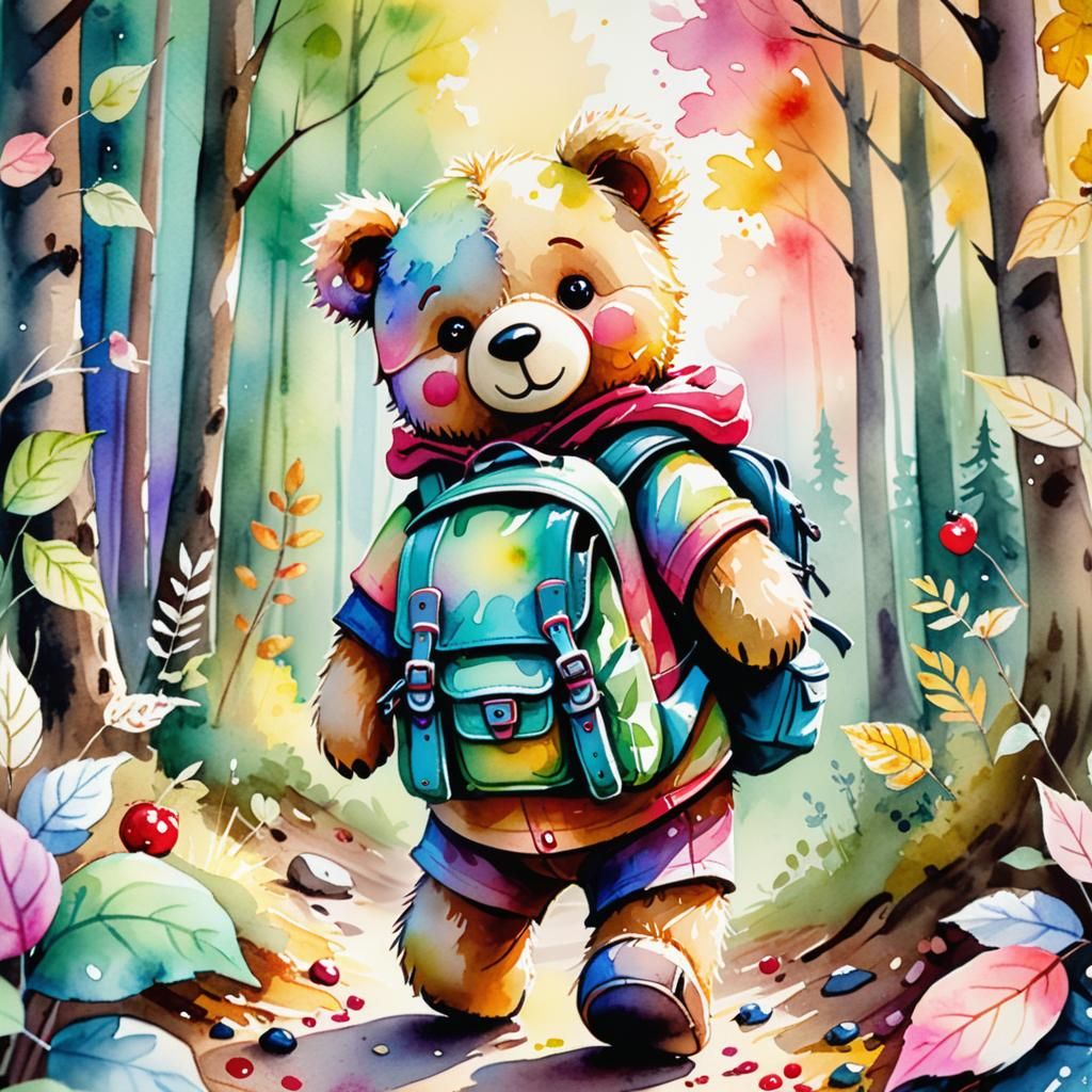 Teddy Bear's Forest Adventure in Watercolor Style