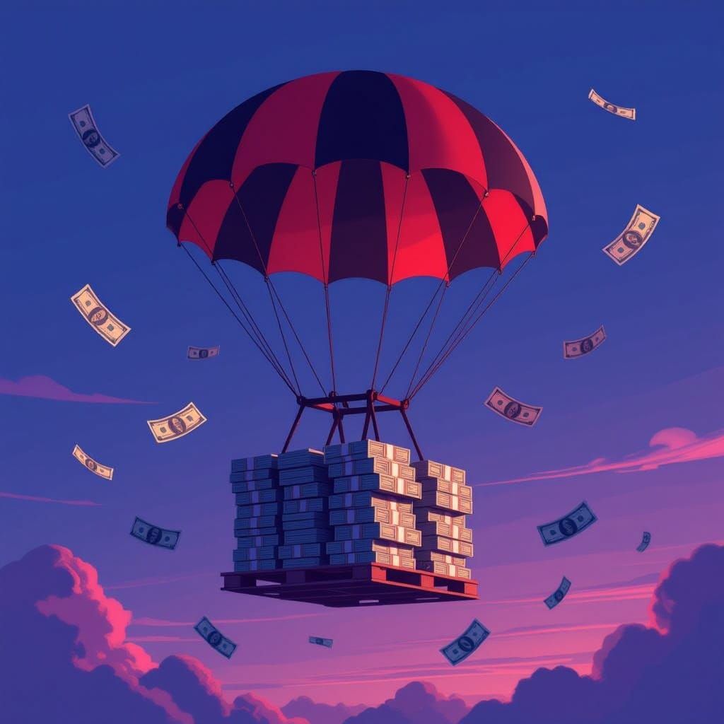 Money Parachute Floating in Retro-Futuristic Sky