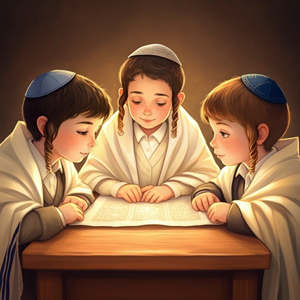 Children Studying Torah in Manga Style