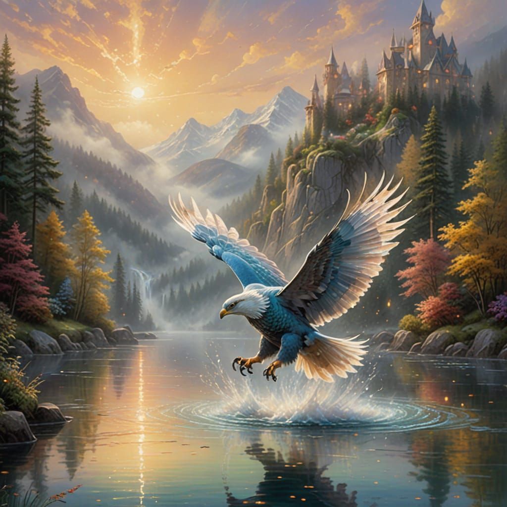 Majestic Hypogryf Soars Over Shimmering Lake