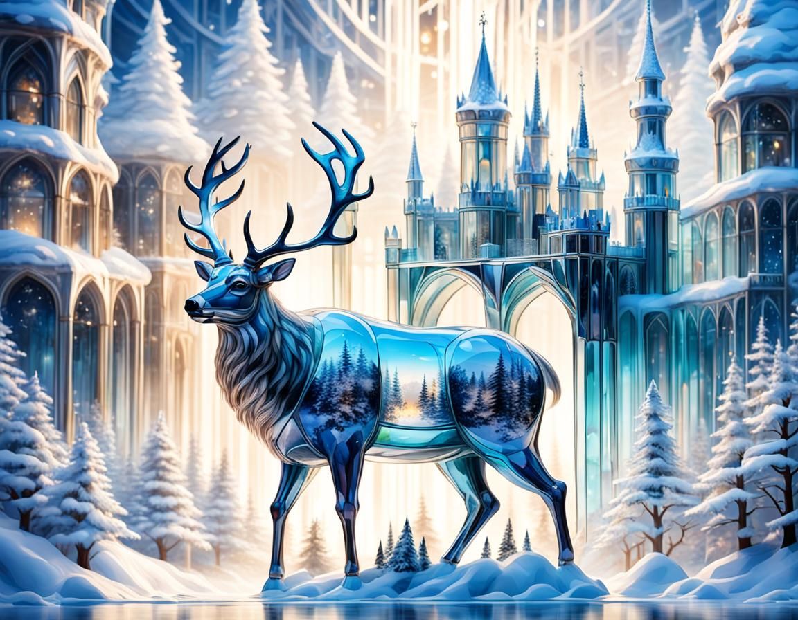 Mythical Glass Deer in a Heavenly Winter Castle