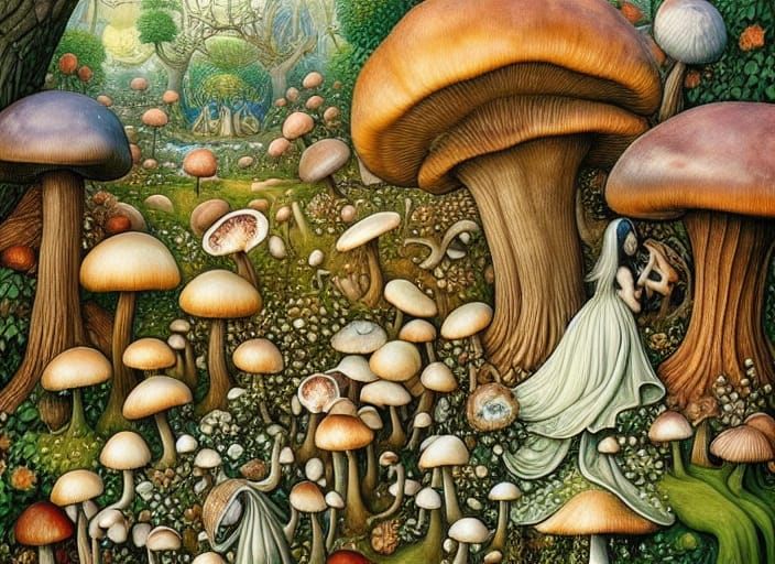 Enchanted Mushroom Fairy Forest in Botanical Art Style