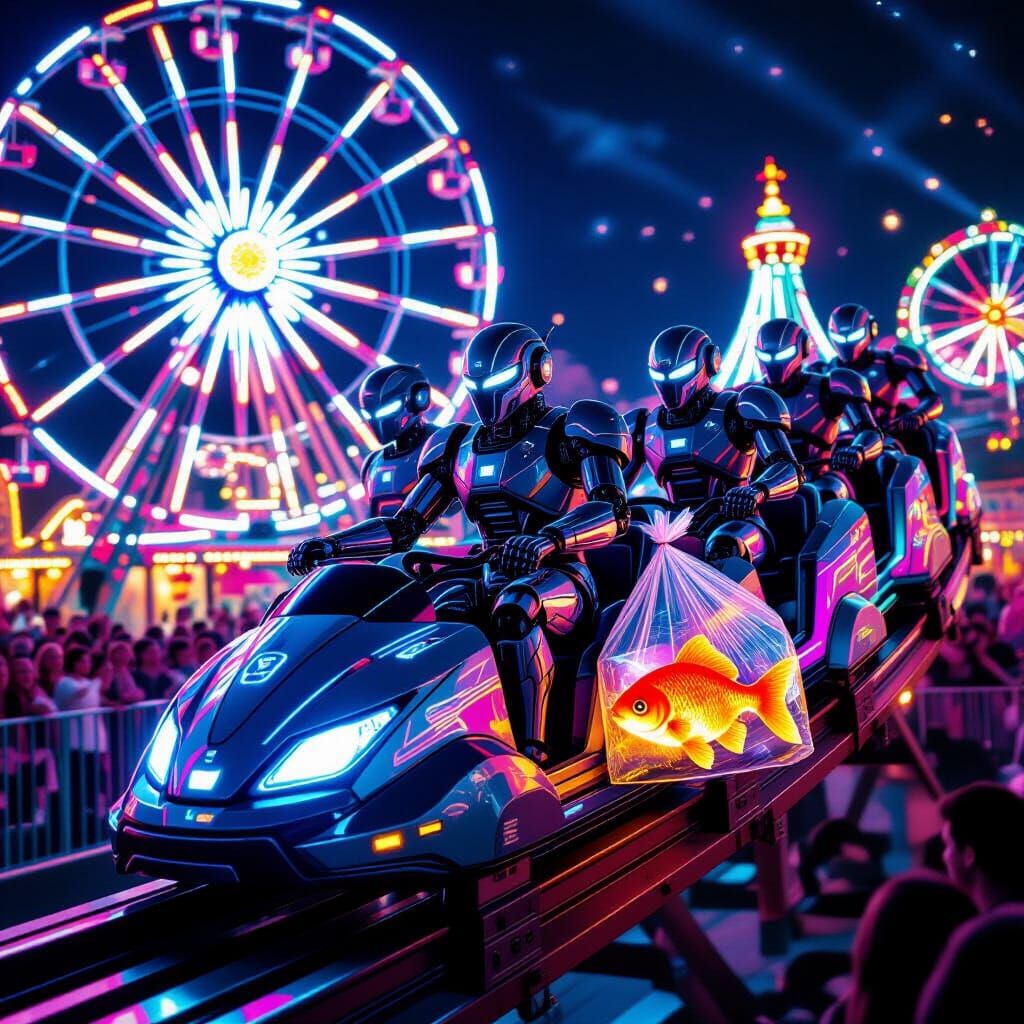 Dark Metal Robots Ride Roller Coaster at Funfair